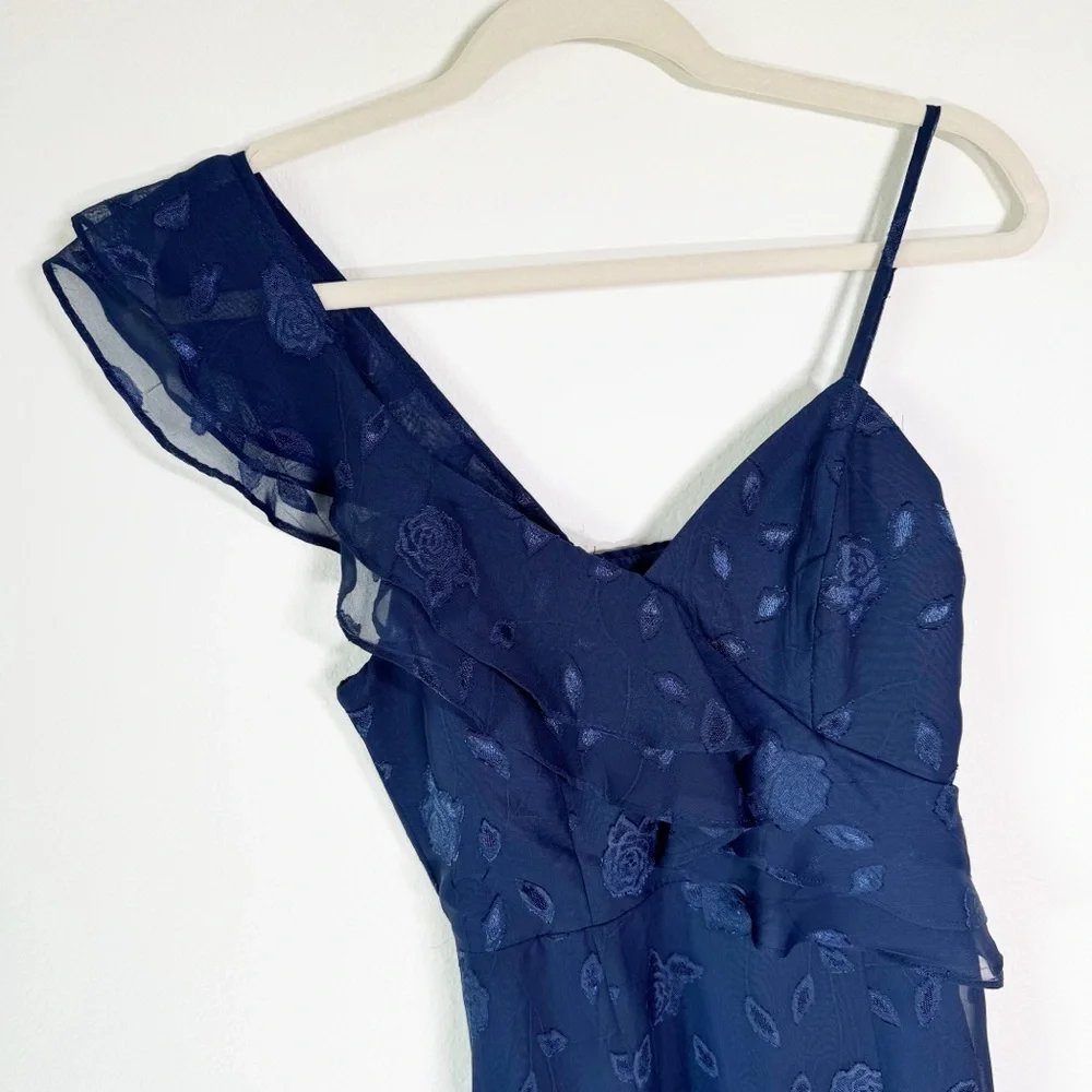 Lulus Forever‎ Be Navy Floral Jacquard Ruffled One Shoulder Maxi Dress XS